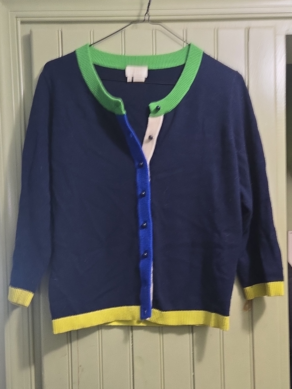Kate Spade Navy Colorblock Cardigan with Green and Chatruese Trim Size M